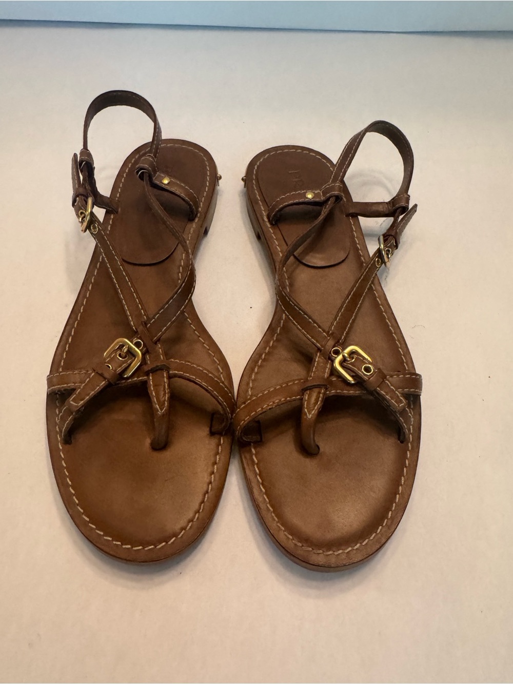 Prada Brown Leather Strappy Sandals with Gold Buckle Accents